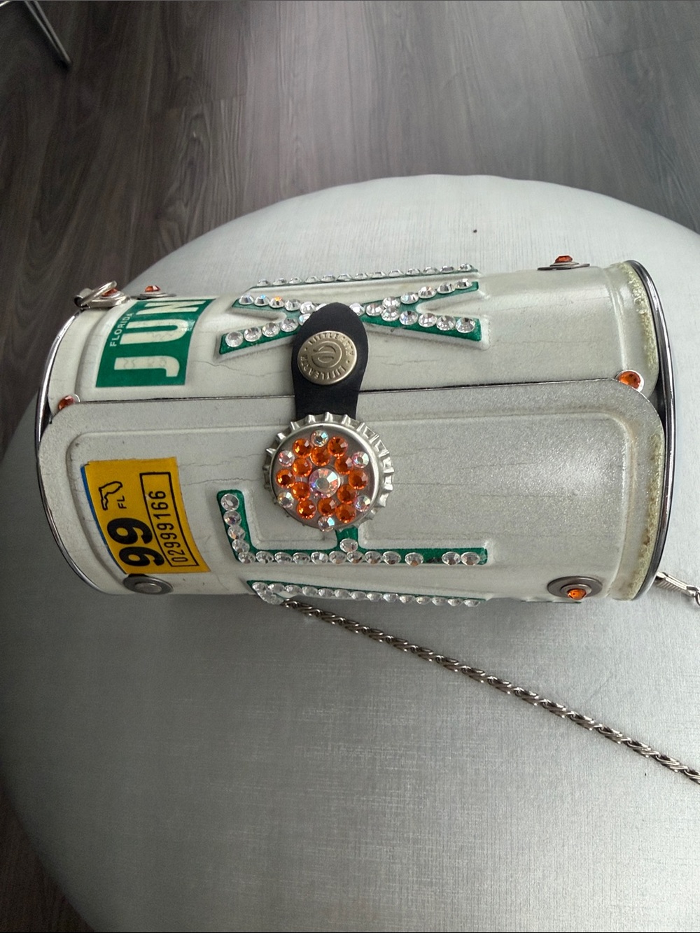 White Mini Cylinder Crossbody Bag with Orange Crystal Accent